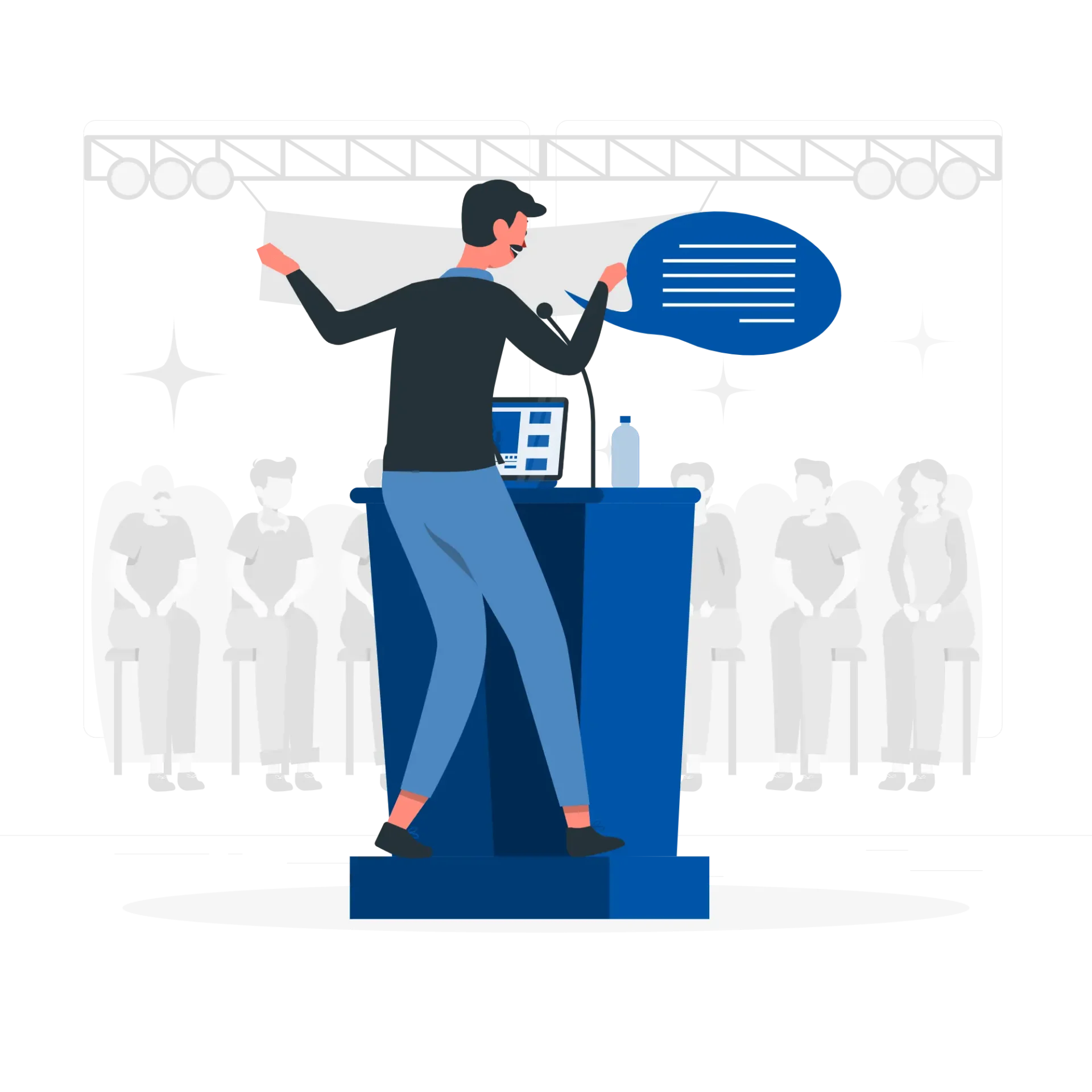A speaker stands at a podium, engaging with an audience, while displaying a presentation on a screen behind.